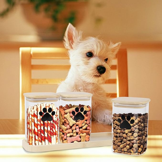 Morezi Dog Treat Container airtight Treats jar for countertop Closet Dog Food Storage 3 Jars with Tray Great for organizing pet Dogs Cats Birds Animal Food Treats Snack