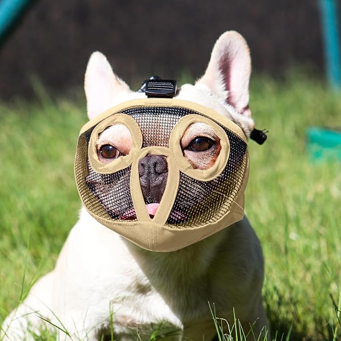 Short Snout Dog Muzzles- Adjustable Breathable Mesh Bulldog Muzzle for Biting Chewing Licking Training Grooming Dog Mask (Khaki, Large/15-25")