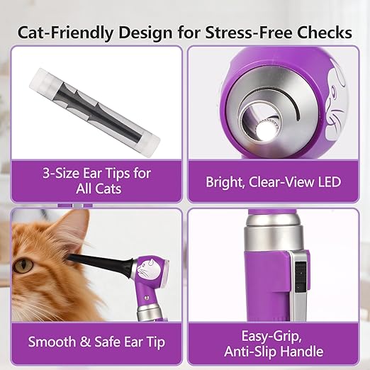 Veterinary LED Otoscope for Pets Cat-Design - Ear Infection Detector with Light, 6 Disposable Tips for Dogs & Cats, Portable Home Ear Checker (Purple)