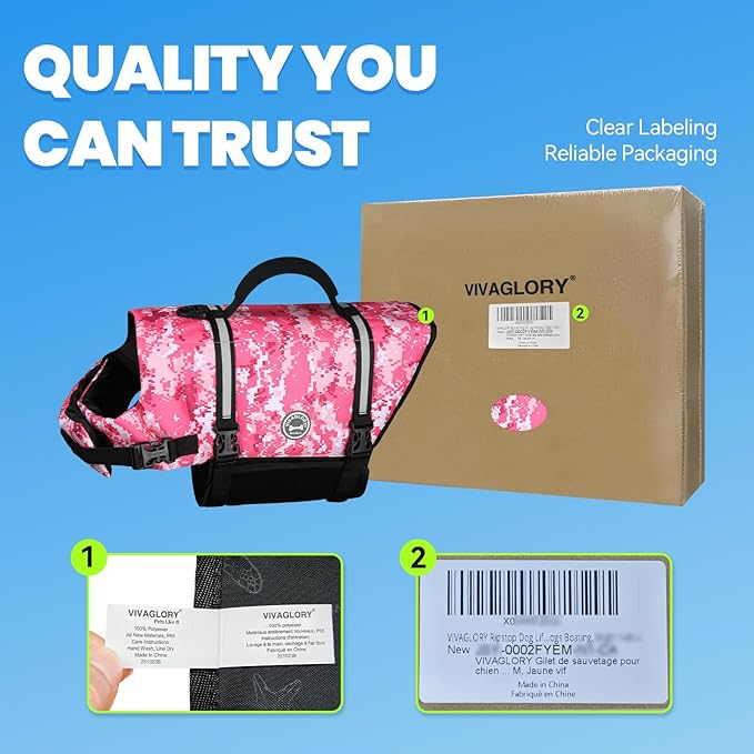 VIVAGLORY Rip Stop Dog Life Vest, Swimming Vest with Handle, Buoyancy for Doggy Puppy, Dog Life Jacket for Swimming & Boating, M, Camo Pink
