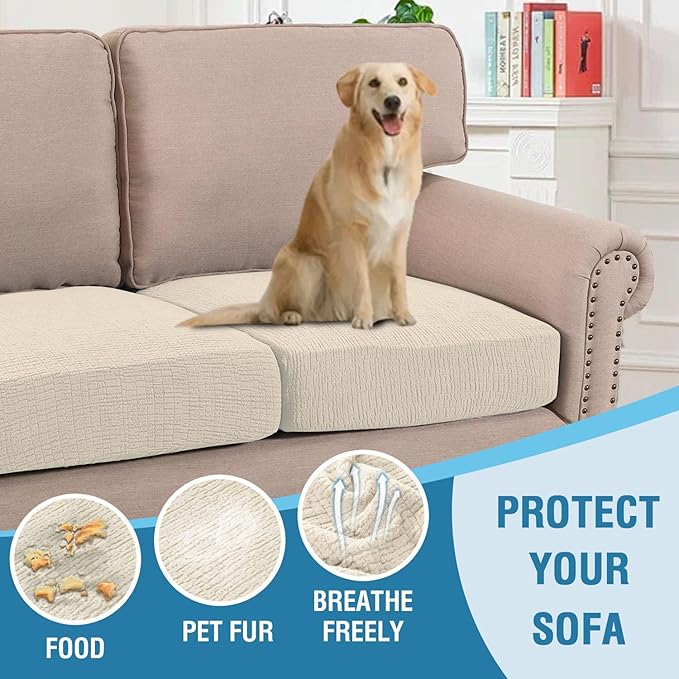 H.VERSAILTEX Jacquard Couch Cushion Covers High Stretch Sofa Covers for 3 Cushion Couch Furniture Protector Spandex Anti-Slip Soft Thickened Slipcovers Crizzle Pattern(3 Seat Covers, Ivory)