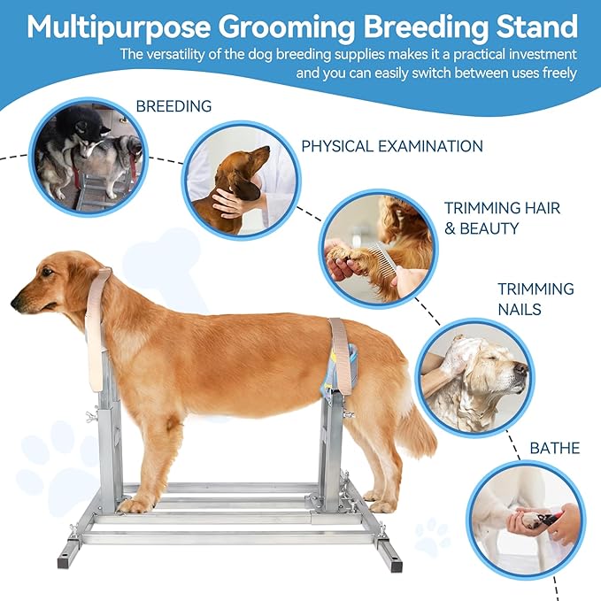 Dog Breeding Stand, Stainless Steel Breeding Stand for Dogs, Shoulder Height 17.5 IN-35.5 IN,Pet Fixed Bracket for Medium to Large Dogs,Adjustable Height and Length,Strong Grooming Breeding Stand(L)