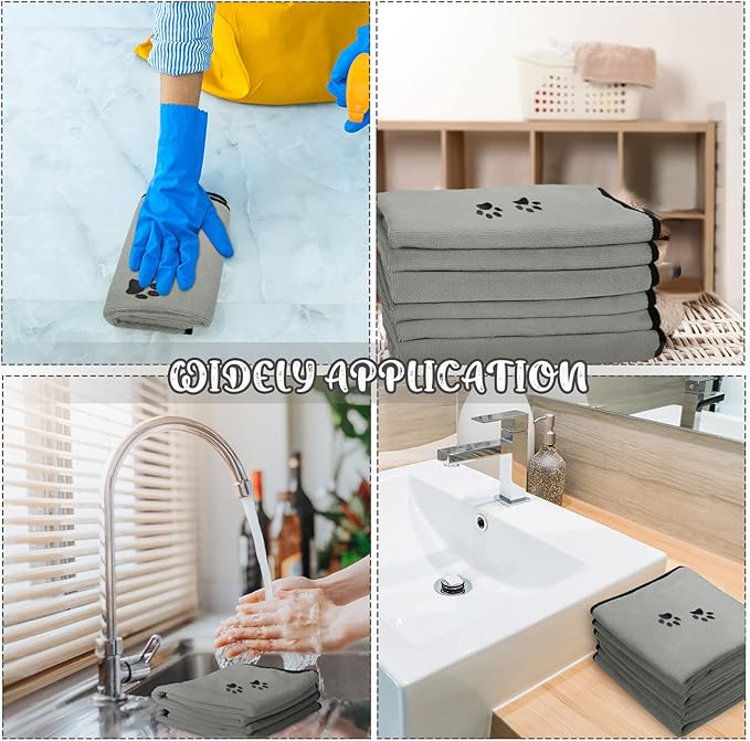 Tegeme 4 Pack Dog Towels for Drying Microfiber Soft Absorbent Pet Bath Towel Dog Drying Grooming Cloth with Embroidered Paw for Pet Cat Bathing Grooming(27.5 x 55 Inch,Gray)