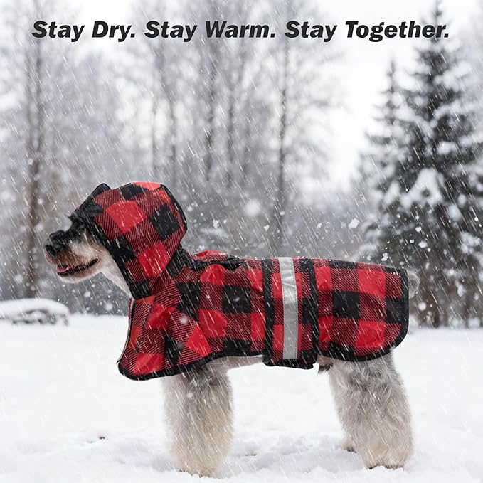 KOOLTAIL Winter Dog Raincoat Hooded Slicker Poncho with Leash Hole, Thick Fleece Rain Coats for Small Medium Dogs, Windproof Plush Warm Pet Rain Jacket with Reflective Adjustable Strip,Christmas Red S