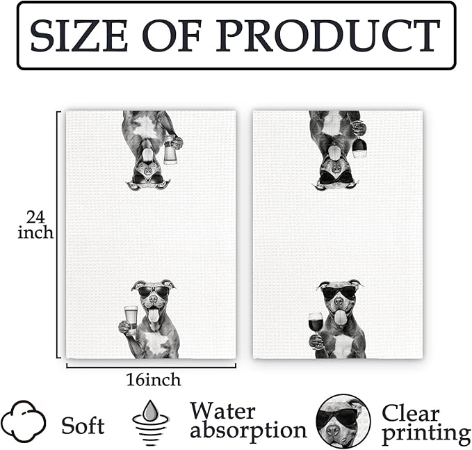 Pitbull Gifts Wine Kitchen Towels Set of 2, Gifts for Pit Bull Dog Wine Lovers Decorative Hand Dish Towel for Kitchen Home Bar, Funny Pitbull Dog Beer Lover Home Bar Cart Decor(16x24 Inch)