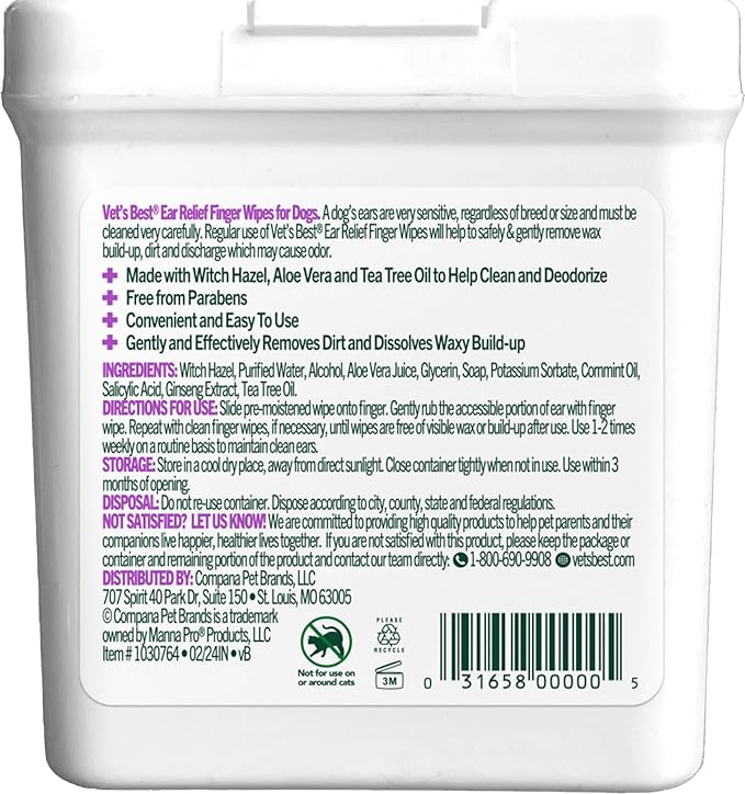 Vet's Best Ear Relief Finger Wipes, Ear Cleansing Finger Wipes for Dogs, Sooths & Deodorizes, 50 Disposable Dog Wipes (Pack of 2)