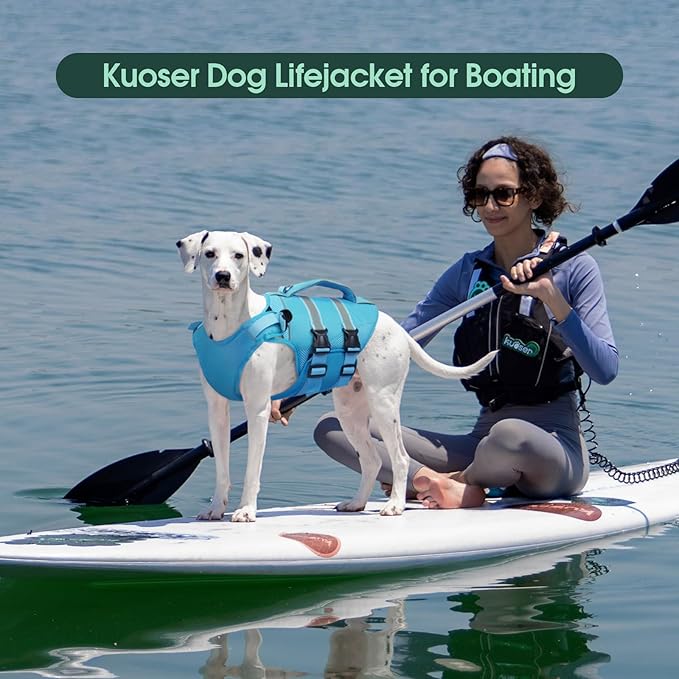 Kuoser Dog Life Jacket, High Flotation Dog Life Vest for Swimming Boating, Adjustable Ripstop Pet Lifesaver for Small Medium and Large Dogs, Reflective Safety Puppy Swimming Vest with Rescue Handle