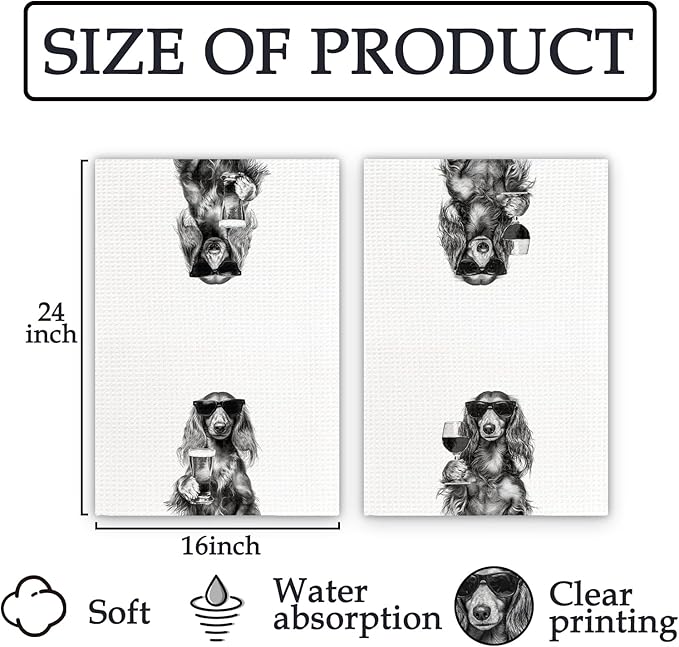 Long Haired Dachshund Gifts Wine Kitchen Towels Set of 2, Funny Dachshund Wine Lover Decorative Hand Dish Towel for Kitchen Home Bar, Gifts for Dog Beer Lovers Home Bar Decor(16x24Inch)