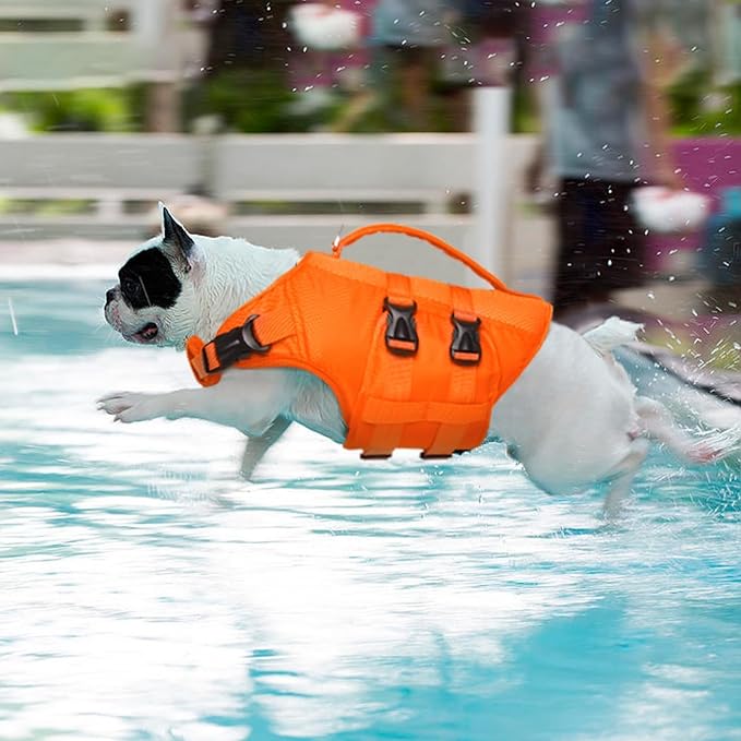 Kuoser Dog Life Jacket, High Flotation Dog Water Vest for Swimming Boating, Reflective Doggie Swimming Vest Pet Life Preserver with Rescue Handle, Orange XS