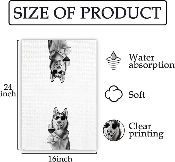 Husky Gifts Wine Dog Kitchen Towels, Gifts for Husky Dog Wine Lovers Decorative Hand Dish Towel for Kitchen Home Bar, Funny HuskyDog WineLover Home Bar Kitchens Decor(16x24 Inch)