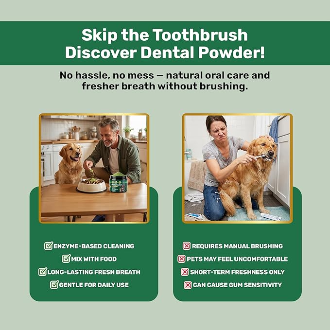 Dog Dental Powder - Plaque Off Powder - Dog Teeth Natural Cleaning Powder - Dogs Breath Freshener - Enzymes & Probiotic with Tartar and Plaque Off - Pets Tooth Cleaning- 150g/5.3 oz