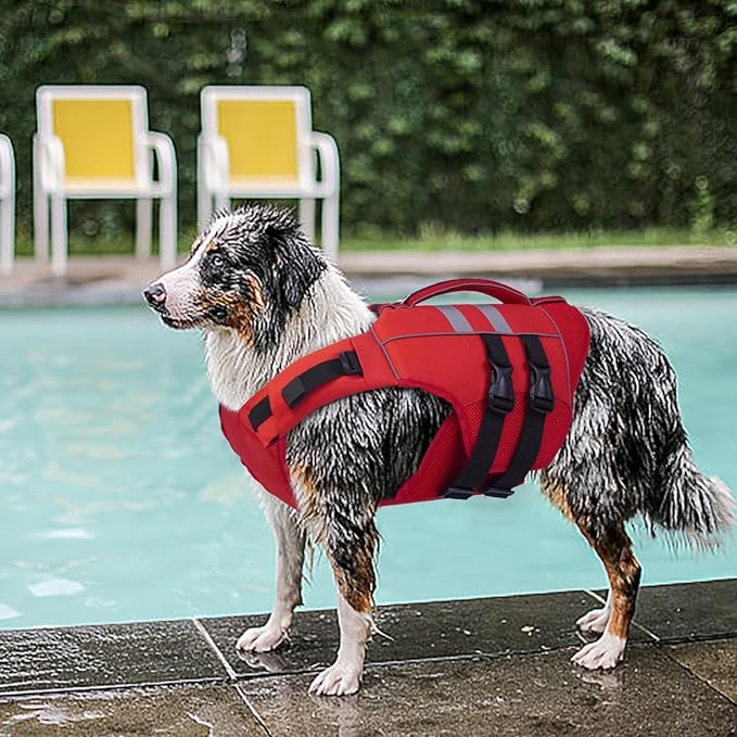 Kuoser Dog Life Jacket, High Flotation Puppy Life Vest for Swimming Boating, Reflective Dog Water Vest Pet Flotation Preserver with Rescue Handle, Red S