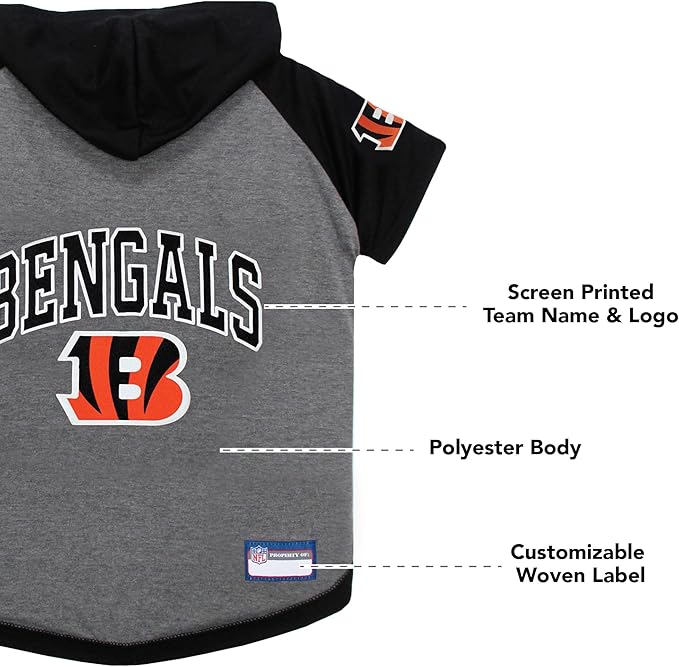 Pets First Hoodie T-Shirt for Dogs & Cats. NFL Cincinnati Bengals Football Licensed Dog Hoody Tee Shirt, X-Small Sports Hoody T-Shirt for Pets Licensed Sporty Dog Shirt (CIN-4044-XS)