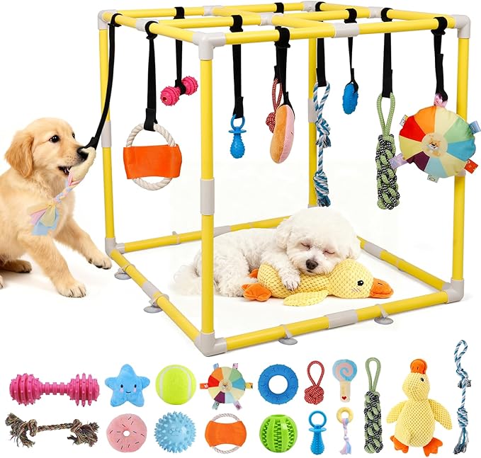 Puppy Play Gym with 17 Hanging Toys, Small Dogs Interactive Indoor Jungle Gym for Puppies, Dog Enrichment Activity Center, Adjustable PVC Frame with Straps, Teething & Squeaky Toys, Yellow