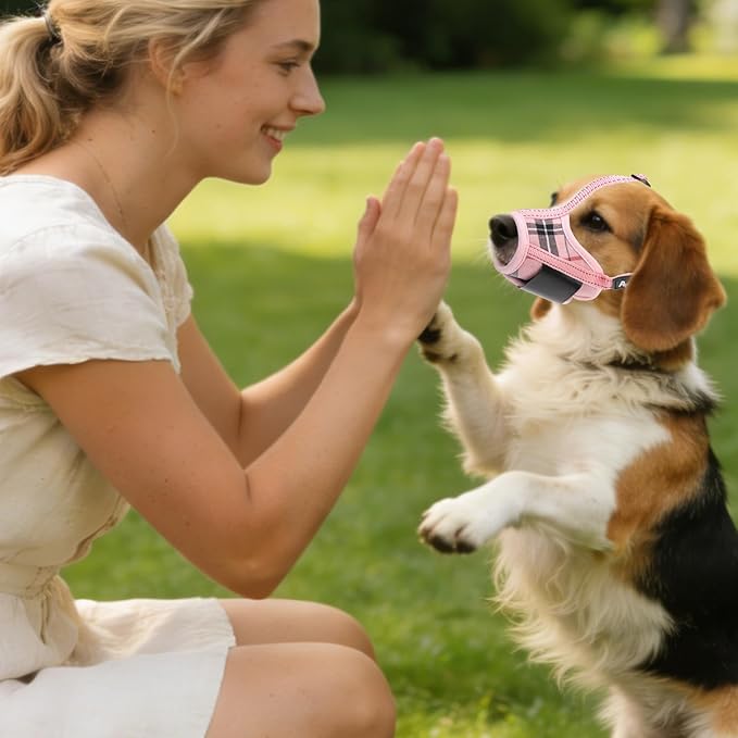 PUPTECK Dog Muzzle, Soft Adjustable Loop Reflective Pets Muzzle Prevent Biting Barking Chewing, Breathable Muzzle with Air Mesh Dog Mouth Guard Drinkable for Large Medium Small Sized, Pink Plaid S