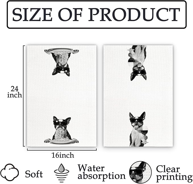 Boston Terrier Gifts Wine Kitchen Towels Set of 2, Funny Boston Terrier Dog Eating Pasta Decorative Hand Dish Towel for Kitchen Home Bar, Gift for Dog Wine Lovers Home Bar Decor(16x24Inch)