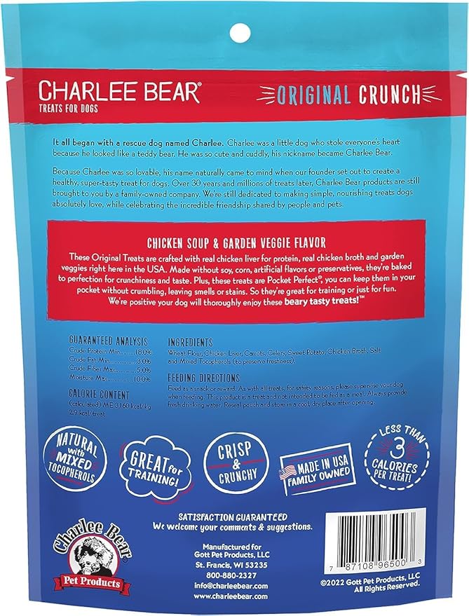 Charlee Bear Dog Training Treats for Small, Medium, or Large Pups, Crunchy Low Cal Dog Snack for Puppy Training, Made in USA (Chicken Soup & Garden Veggie) 16oz, 2 Pack