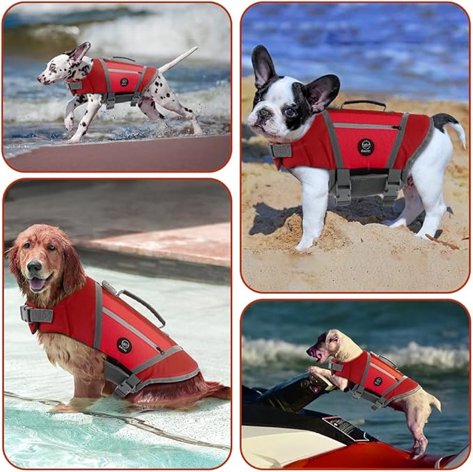 EMUST Dog Life Vests for Swimming, Adjustable Dog Life Jackets for Small Dogs with Hook & Loop, Reflective Dog Swim Vest with Quick-Release Buckles for Bulldogs, Dachshunds, Corgis, Red, S