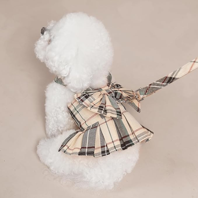 PUPTECK Plaid Dog Dress with Leash - Cute Puppy Harness Clothes for Small Medium Sized Dogs, Outfits for Girl Puppy Wedding Birthday Costume