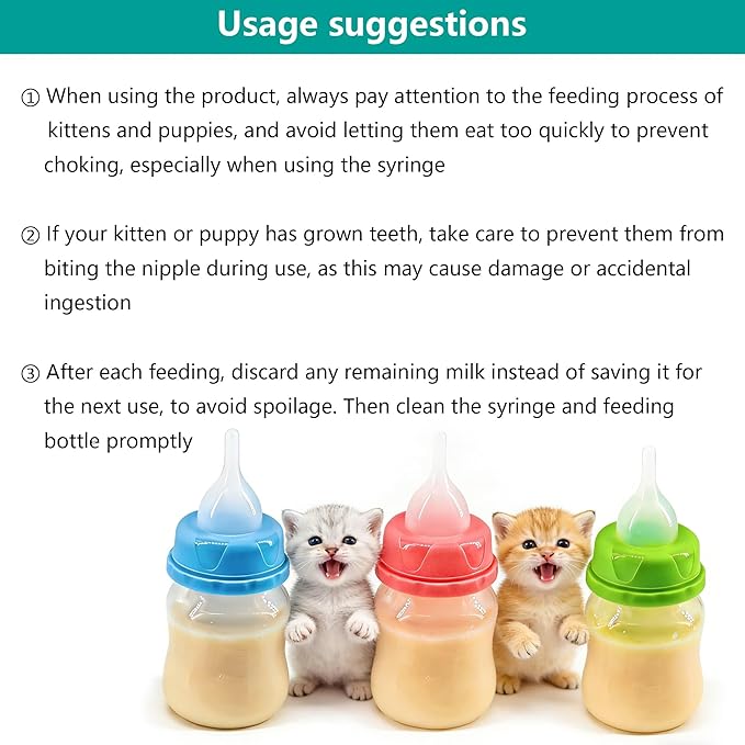 Pet Feeding Bottle and Syringe Set for Puppies and Kittens(1 Bottles,2 Syringes,6 Nipples), Blue