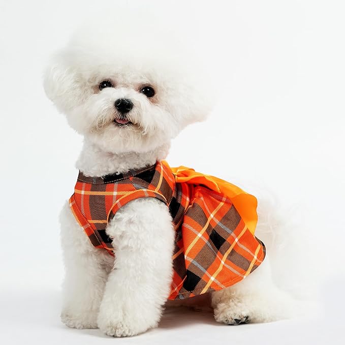 PUPTECK Plaid Fall Dog Dress Pet Apparel for Autumn with Cute Bowtie Puppy Clothes Outfit, Plaid, XS