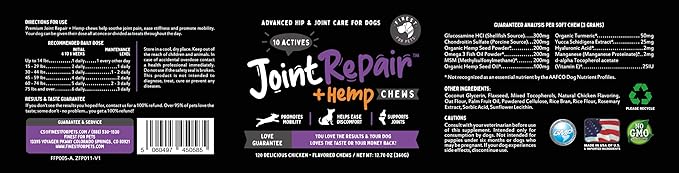Joint Repair Dog Hip and Joint Supplement with Glucosamine, Chondroitin, Omega 3, MSM, Hemp & Turmeric. Supports Hip & Joint Health, Mobility & New Cartilage. 120 Chicken Flavor Chews, Made in USA