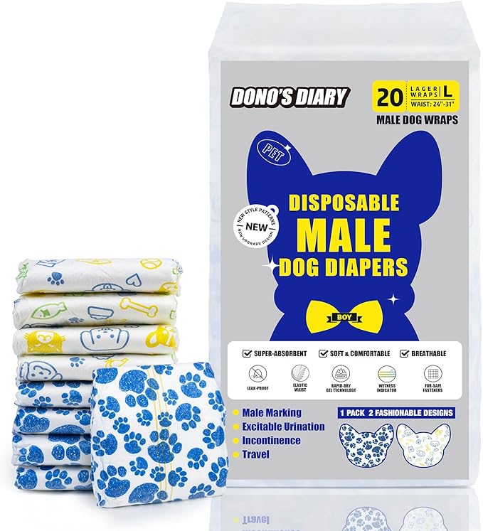 Dono Dog Diapers Male 60ct Disposable Male Dog Wraps Super Absorbent Doggie Puppy Diapers Rapid-Dry Technology Belly Bands for Male Marking, Excitable Urination, Training (Large)