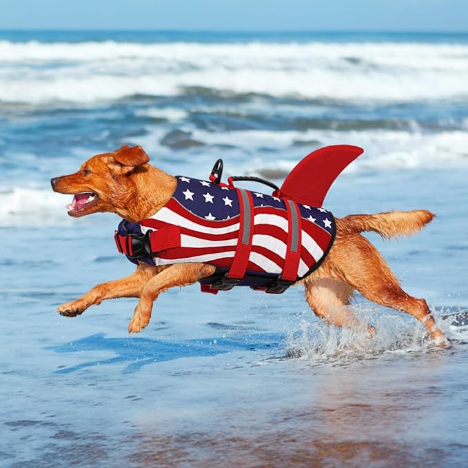 Queenmore Shark Dog Life Vest for Swimming, Pet Life Vests for Boating, High Buoyant DogLife Jacket, Ripstop High Flotation Swimsui for Small, Medium, Large Dogs (USA Flag,XL)