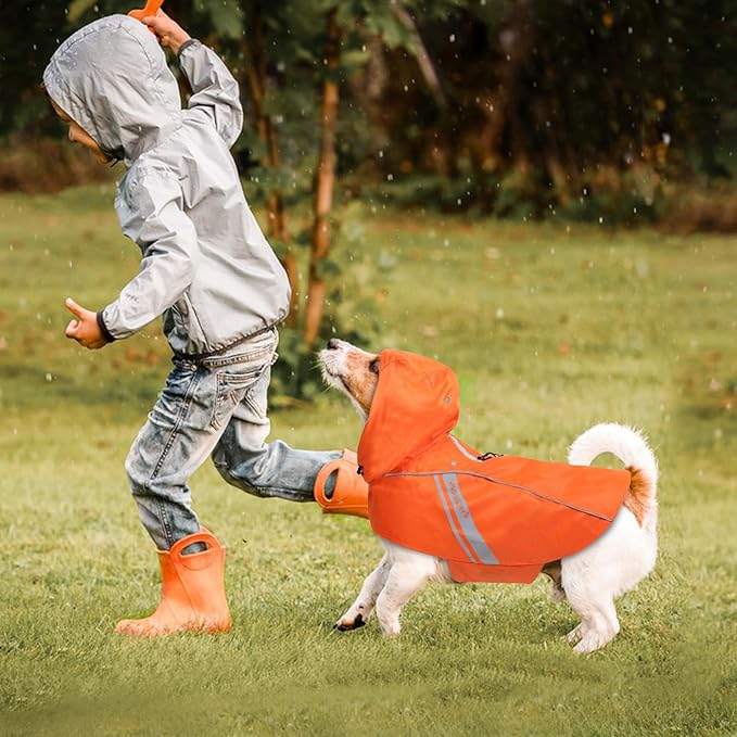 VIVAGLORY Wetoff Dog Raincoat, Rain Coat for Dog All Seasons Adventure, Rain Jacket with Harness Hole & Hood, Reflective Lightweight Waterproof for Doggy & Puppy, M, Orange