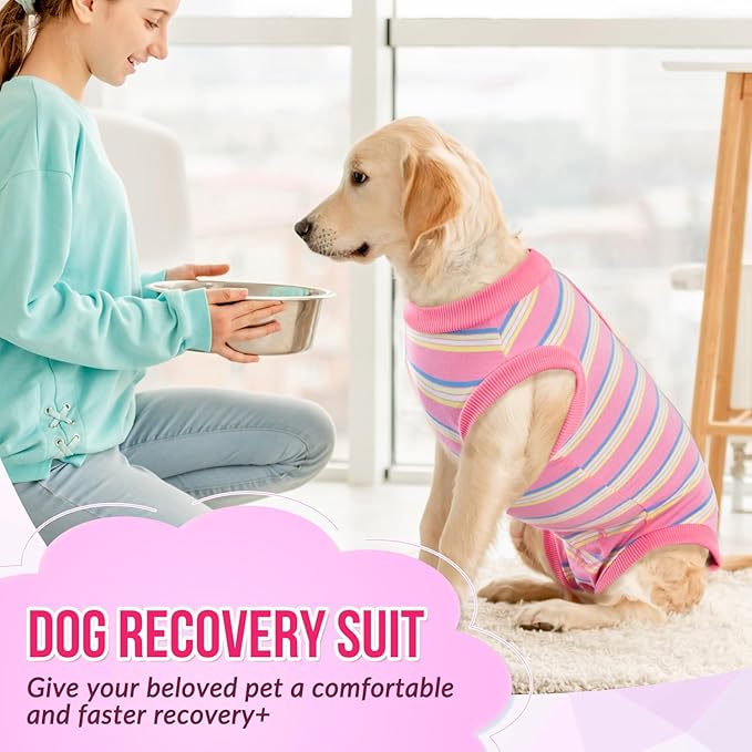 Lukovee Recovery Suit for Dogs, Onesie Surgery Recovery Suit for Female Male Dogs, Abdominal Wounds Cone E-Collar Alternative Prevent Licking Spay Recovery Suit (Pink Stripes,XXL)
