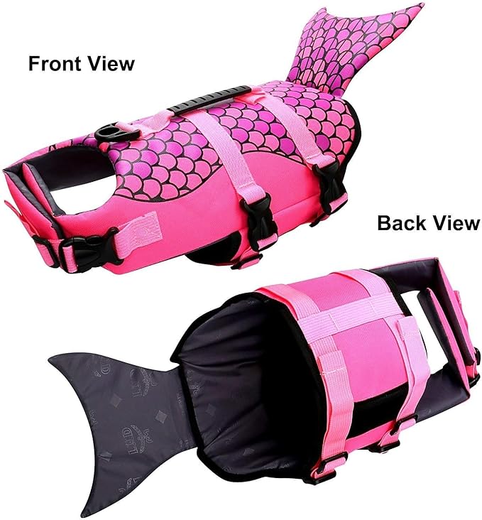 Queenmore Dog Life Jacket Ripstop Shark Dog Safety Vest Adjustable Preserver with High Buoyancy and Durable Rescue Handle for Small,Medium,Large Dogs, Pink Fish Large
