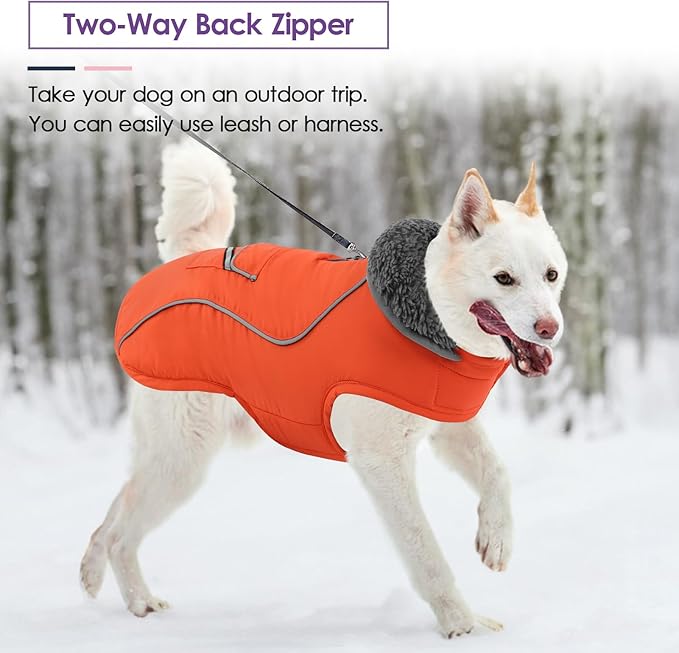 SUNFURA Dog Coat, Large Dog Jacket Reflective Winter Coat for Cold Weather, Windproof Pet Snow Jacket with Pocket, Warm Fleece Sweater Clothes for Large Dogs, Orange L