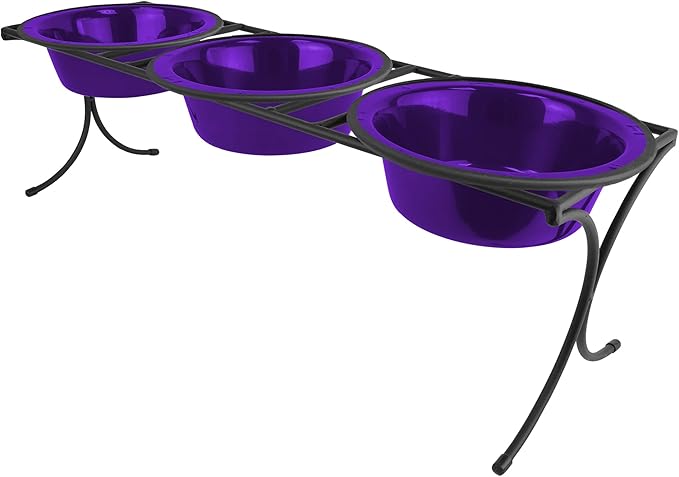 Platinum Pets Bistro Triple Diner Feeder with Stainless Steel Dog Bowls, Large, Electric Purple