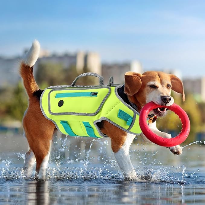 Dog Life Jacket for Small Dogs with High Buoyancy, Lightweight Dog Life Vest for Swimming Adjustable Reflective Dogs Floating Vest, Neoprene Rescue Handle Pet Life Preserver (Green, XS)
