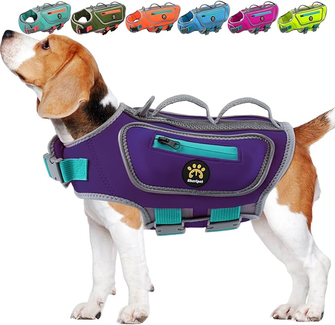 Dog Life Vests for Swimming, High Visibility Dog Life Jacket Lightweight Adjustable Reflective Dogs Swim Vest for Boating, High Floating Pet Life Preserver with Rescue Handle (Purple, XL)