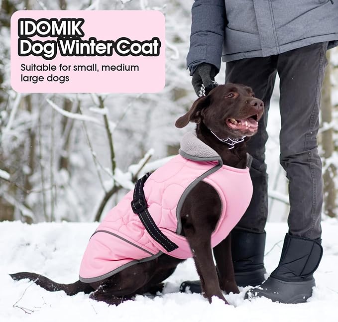 IDOMIK Dog Winter Jacket, Adjustable Waterproof Dog Warm Coat with Fleece Lining, Turtleneck Windproof Cold Weather Coats for Winter, Reflective Warm Snow Jacket for Border Collie Husky,Pink,L
