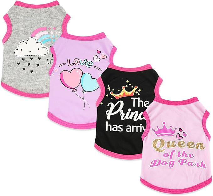 4 Pack Dog Shirts for Small Dogs Spring Summer Printed Puppy Clothes Cute Pet T Shirts Dog Clothes for Small Dogs Cats Girl (Grey+Pink+Purple,Black, XXS)