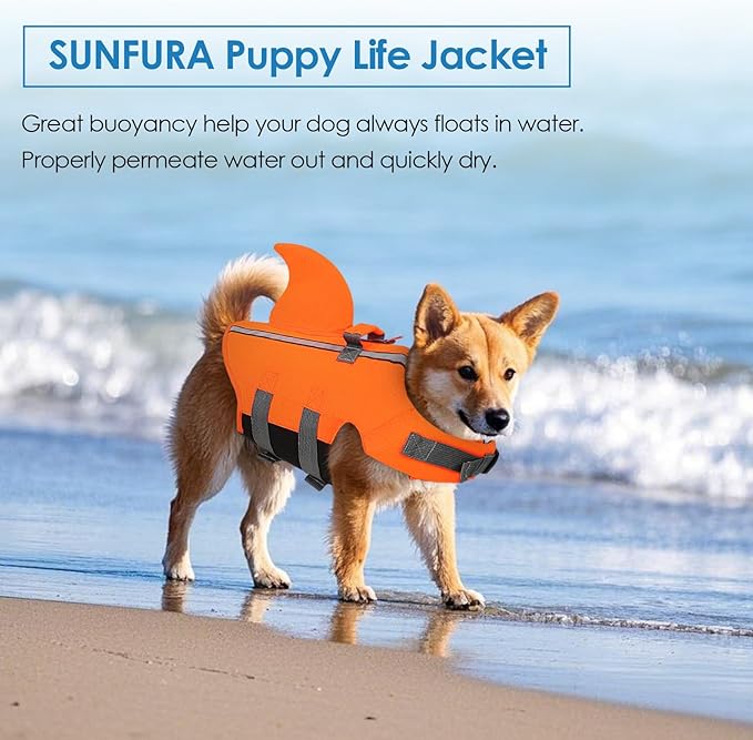 SUNFURA Dog Life Jacket Shark Life Vest for Dogs, Adjustable Swmming Vest with High Buoyancy, Safety Lifesaver with Rescue Handle for French Bulldog Small Medium Breeds, Orange XS