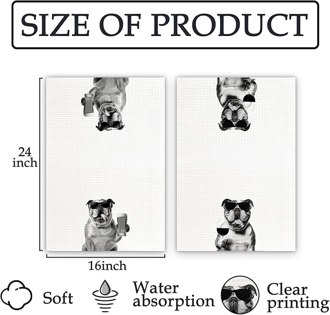 English Bulldog Gifts Wine Kitchen Towels Set of 2, Funny English Bulldog Wine Lover Decorative Hand Dish Towel for Kitchen Home Bar, Gifts for Dog Beer Lovers Home Bar Cart Decor(16x24Inch)
