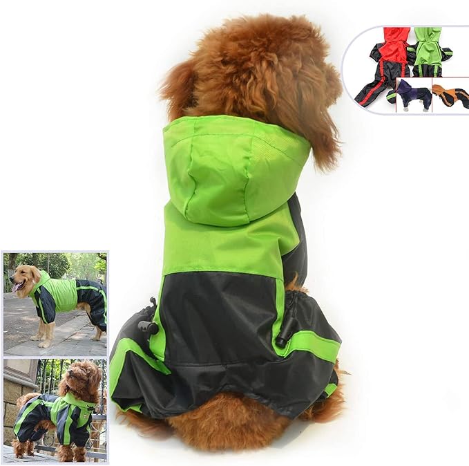 Lovelonglong Dog Hooded Raincoat, Small Dog Rain Jacket Poncho Waterproof Clothes with Hood Breathable 4 Feet Four Legs Rain Coats for Small Dogs Green XL