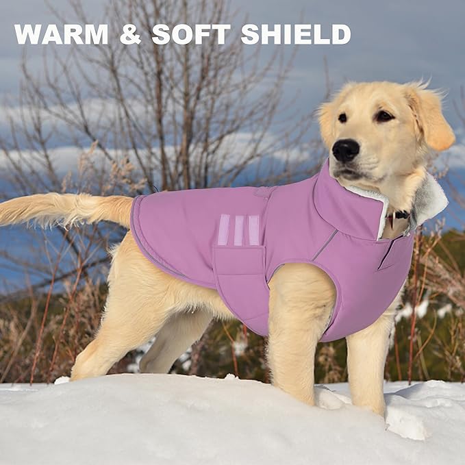 Mklhgty Extra Warm Dog Coat, Waterproof Dog Winter Jacket with Leash Portal, Fleece Reflective Pet Snow Vest for Small Medium Large Dogs - Lilac - L