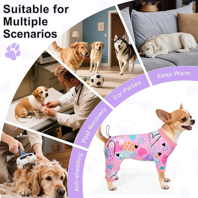 Bienbee Dog Pajamas, 4 Pack Dog Recovery Suit Shedding Suit Cute Soft Puppy Clothes Dogs Pjs Onesies Jammies Adjustable Breathable & Stretchy Clothes for Small Medium Large Dogs Girl Boy Puppy-S
