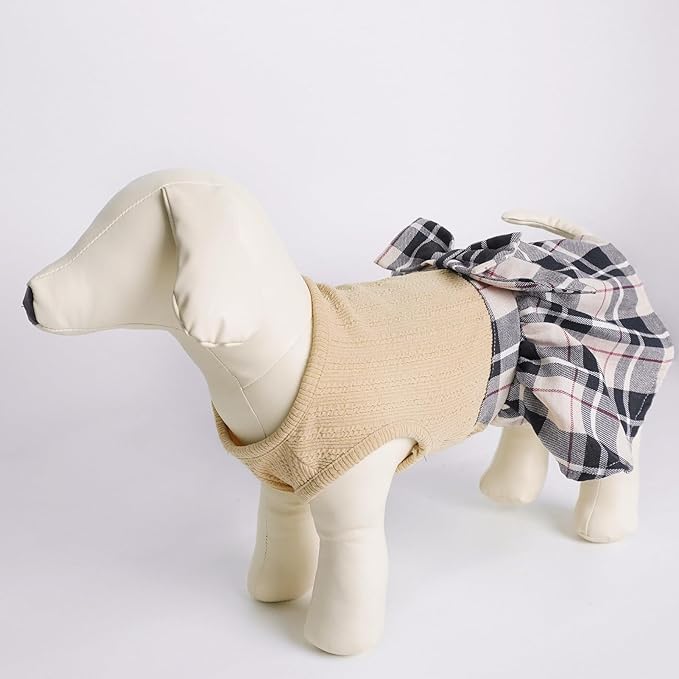 PUPTECK Classic Plaid Dog Dress Pet Apparel with Cute Bowtie Puppy Clothes Outfit,Cream,XS
