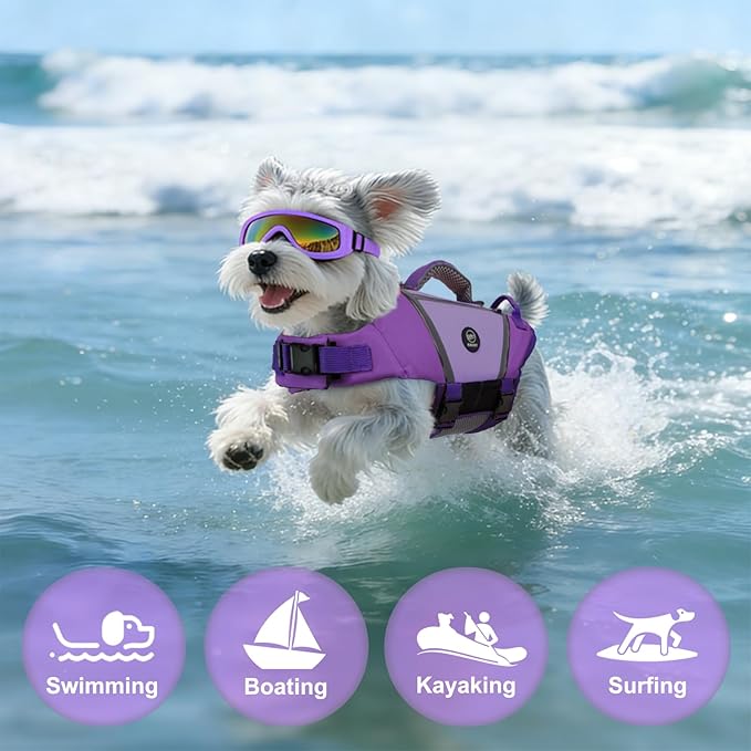 EMUST Dog Life Vest, Lightweight Life Jacket for Dogs with Pockets, Stylish Dog Life Preserver with Rescue Handle & Reflective Stripes for Swimming, Boating, Kayaking, Purple, XS