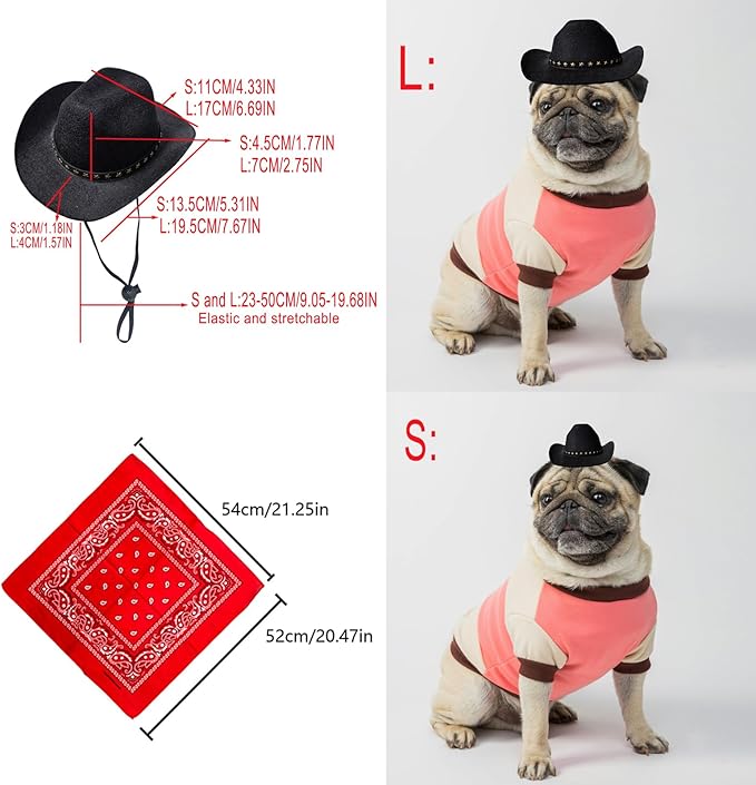 Dog Cowboy Hat Cat Cowboy Hat Mini Cowboy Hat for Dogs Cat Pet Cowboy Costume with Bandana Scarf Holiday Halloween Pet Party Decoration (Black, Large)