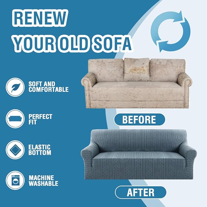 H.VERSAILTEX Jacquard Couch Slip Cover 1 Piece High Stretch Sofa Covers Furniture Protector Anti-Slip Soft Thickened Sofa Cover Washable Spiral Pattern(Sofa, Stone Blue)