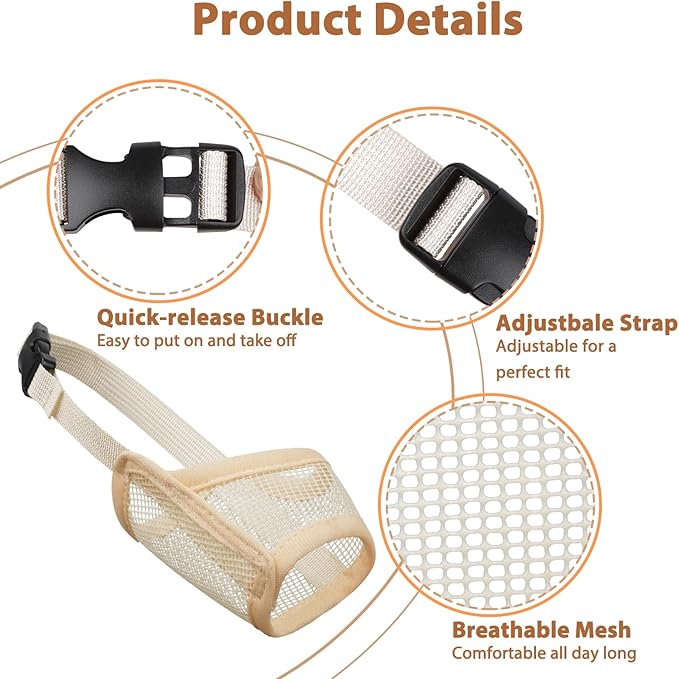 LUCKYPAW Dog Muzzle Suits for Small Medium Large Dogs, Mesh Muzzle Anti Biting Chewing, Breathable Mouth Cover Set with Adjustable Strap for Grooming Vet Visiting Training (7 PCS(XXS-XXL), Beige)