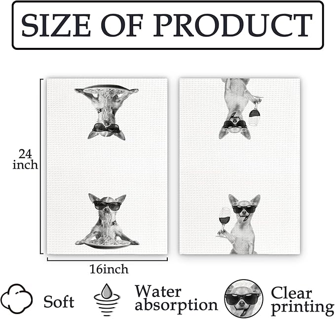 Chihuahua Gifts Wine Kitchen Towels Set of 2, Funny Chihuahua Dog Eating Pasta Decorative Hand Dish Towel for Kitchen Home Bar, Gift for Dog Wine Lovers Home Bar Decor(16x24Inch)