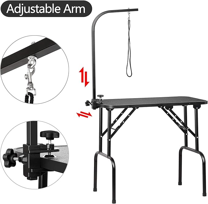 Yaheetech 32-inch Foldable Pet Dog Grooming Table with Adjustable Height Arm Drying Table for Home w/Noose for Small Dogs Cats Non-Slip Maximum Capacity Up to 220lbs Black
