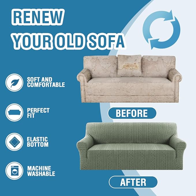 H.VERSAILTEX Jacquard Slip Covers for Sofas/Couches 3 Cushions 1 Piece Stretch Sofa Covers Furniture Protector Anti-Slip Soft Thickened Slipcovers Washable Spiral Pattern(Sofa, Sea Grass)